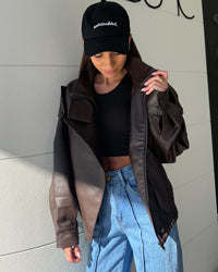 Harlow Vegan Leather Bomber Jacket - Choc