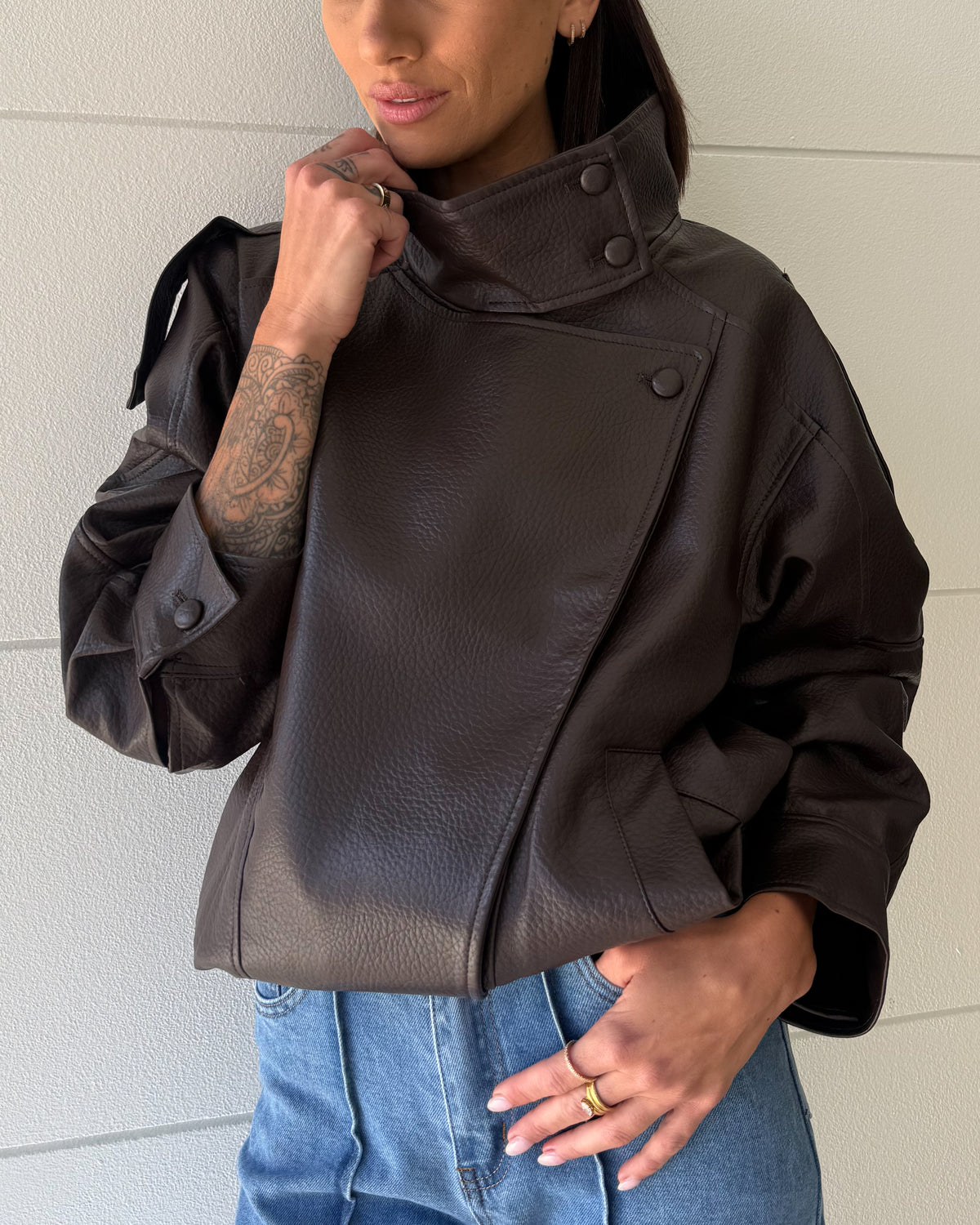Harlow Vegan Leather Bomber Jacket - Choc