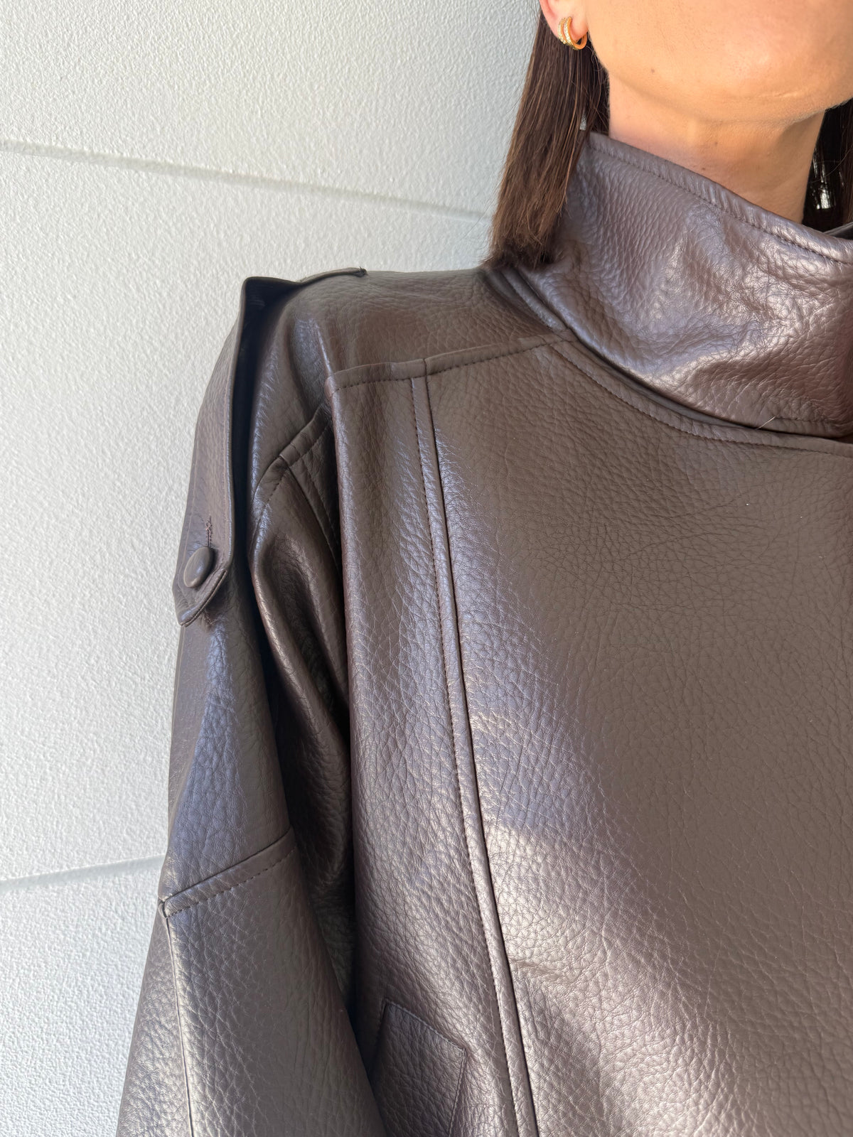 Harlow Vegan Leather Bomber Jacket - Choc