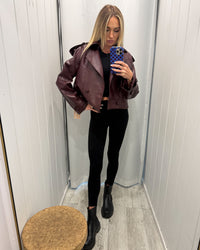 Lacy Vegan Leather Cropped Jacket - Burgundy