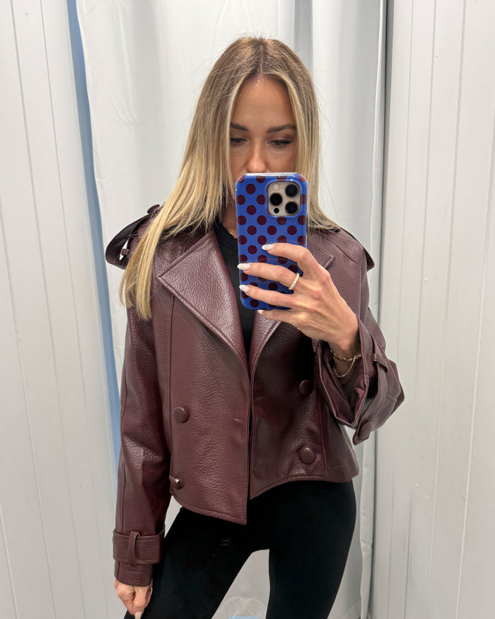 Lacy Vegan Leather Cropped Jacket - Burgundy