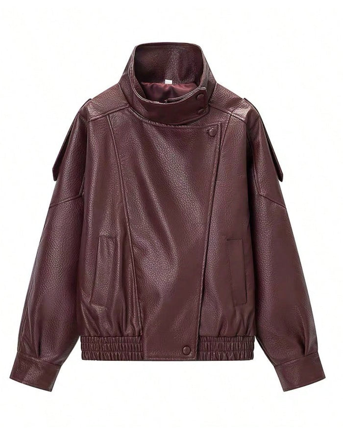Harlow Vegan Leather Bomber Jacket -Maroon